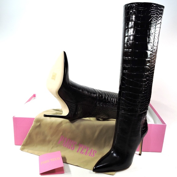 PARIS TEXAS 🇮🇹 WOMEN'S BLACK EMBOSSED CROCO STILETTO FASHION BOOTS - Picture 8 of 9